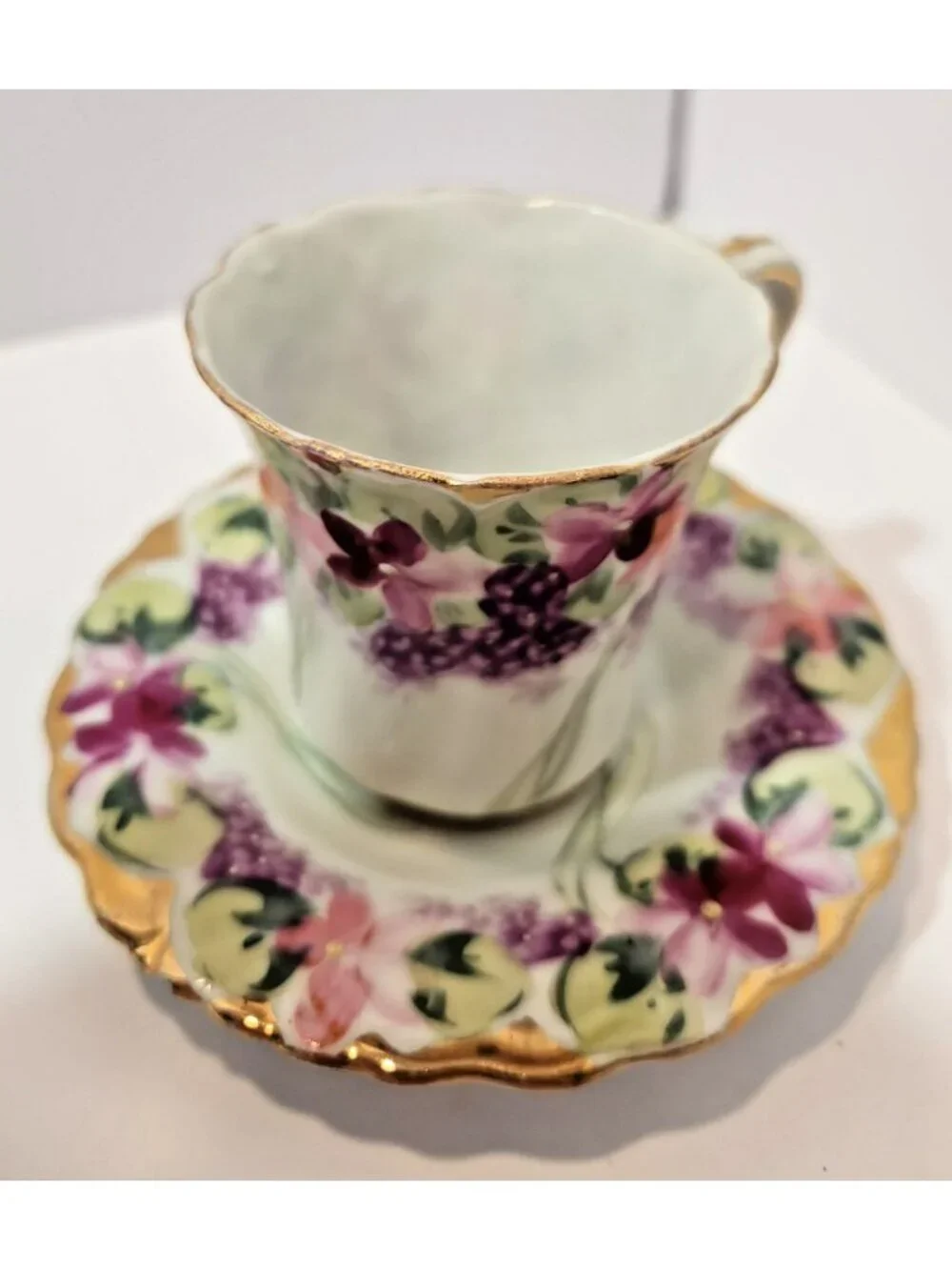 Antique Hand Painted Chocolate Cups w/Saucers Pink/Purple Violets Moriage Set 3